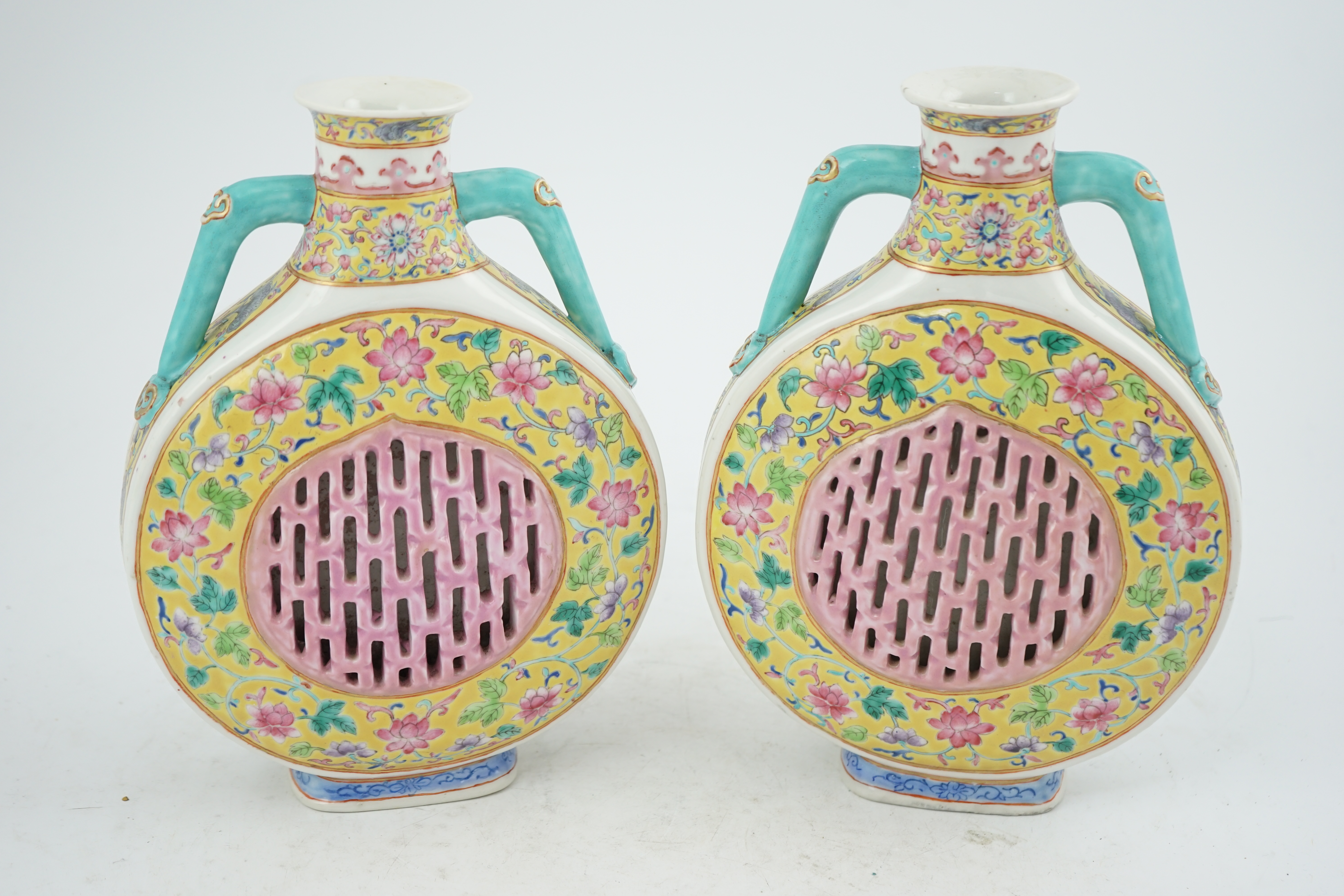 A pair of Chinese yellow ground double-walled moonflasks, bianhu, Daoguang marks, 19th century